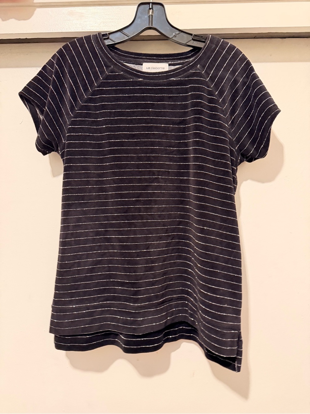 Liz Claiborne Gray and White Striped Short Sleeve Top